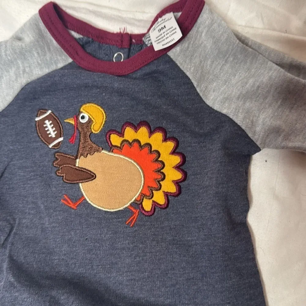 Baby Essentials Gray and Blue Kids One Piece with Turkey Design. Size 9 Months.